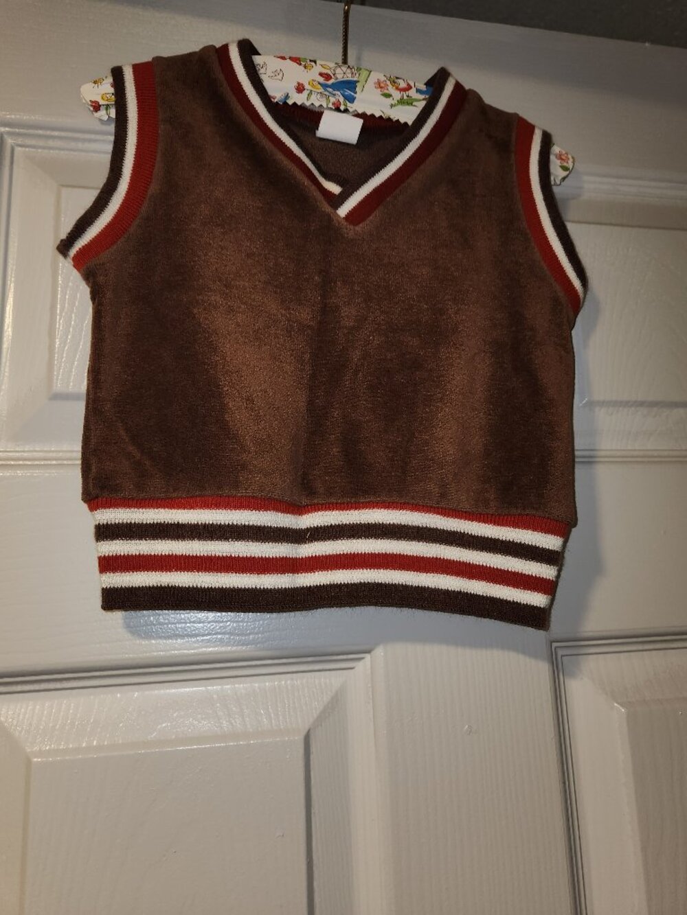 Vintage Sears Kids Brown Sweater Vest Size M 4-5 Retro Striped Trim